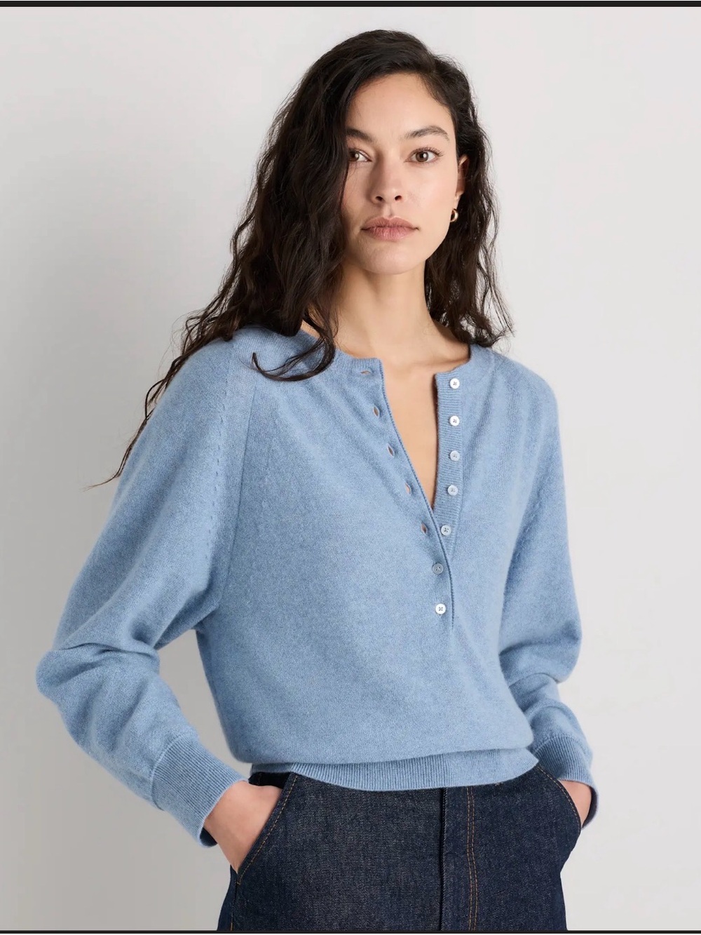 Quince Light Blue V-Neck Henley Sweater
